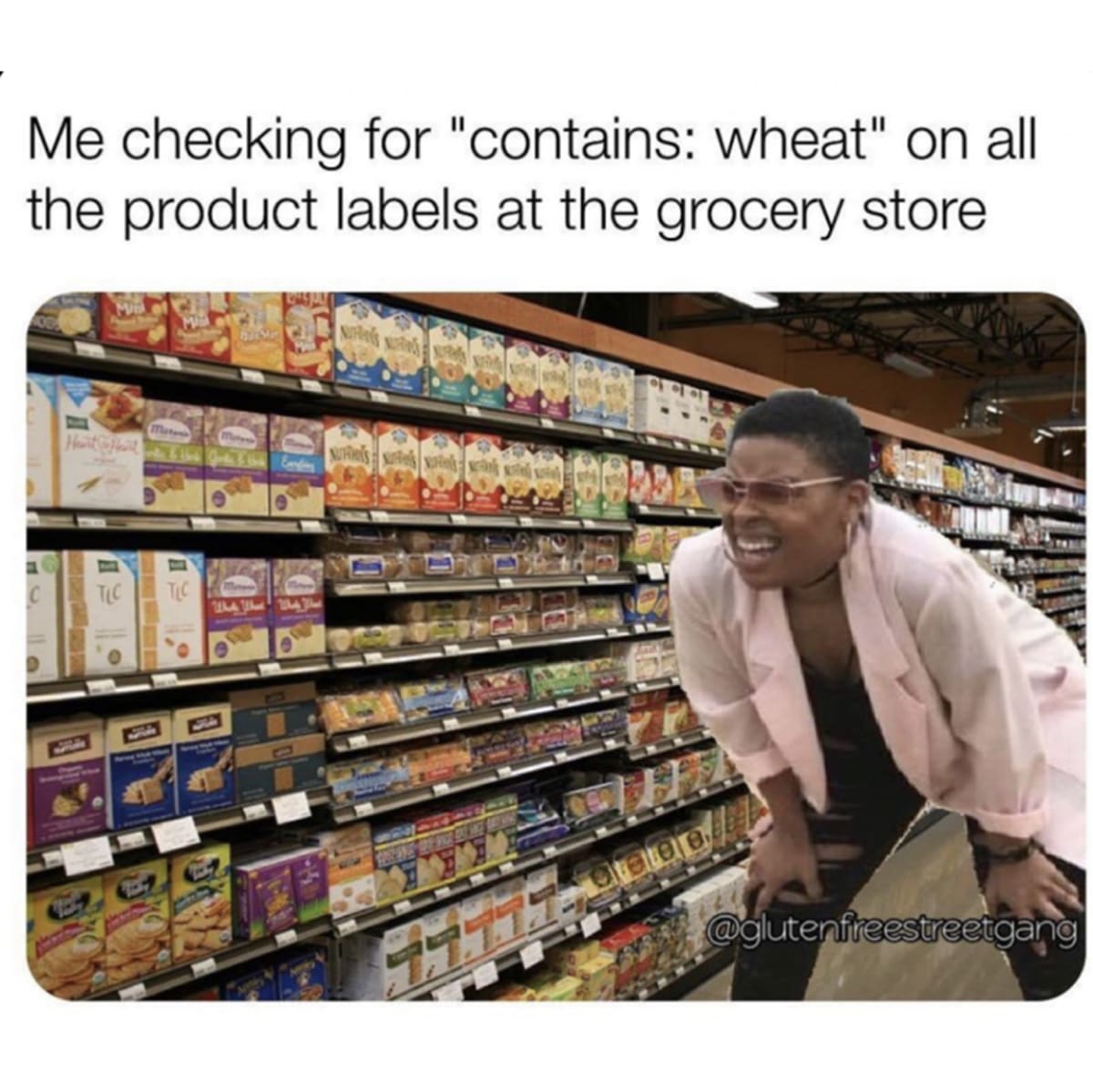 A coeliac meme of someone looking for “wheat free” labels in a supermarket