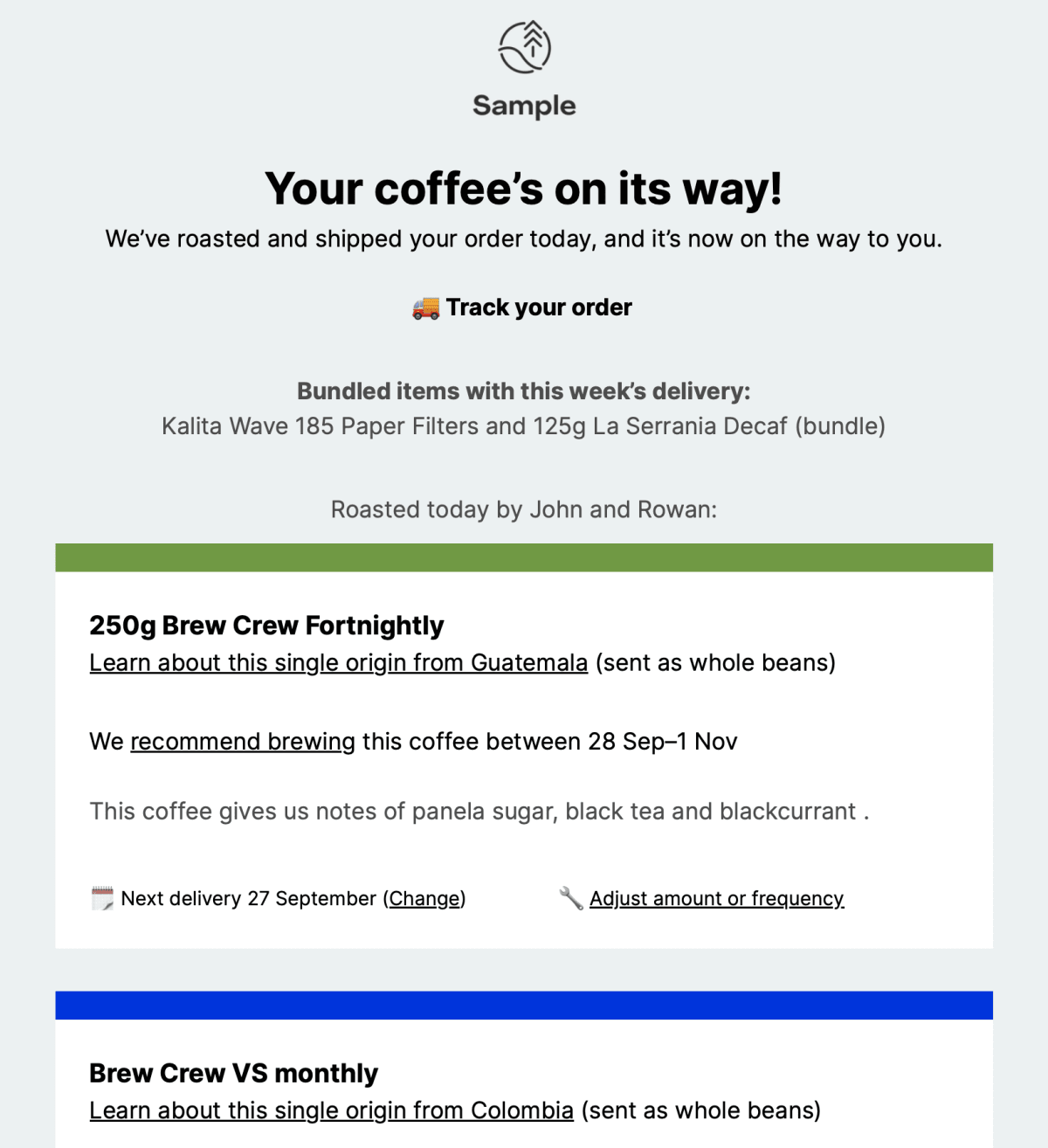 Image of order shipped email, showing full details for each coffee sent